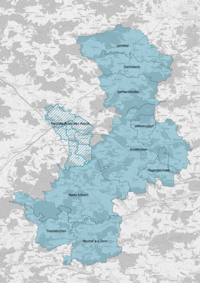 Darstellung des Bedienungsgebietes Karte, in der das Bedienungsgebiet Emskirchen eingezeichnet ist
