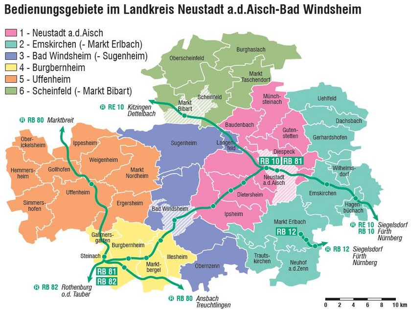 Karte, in der alle Bedienungsgebiete im Landkreis eingezeichnet sind