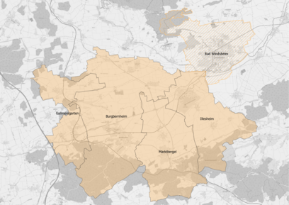 Darstellung des Bedienungsgebietes Karte, in der das Bedienungsgebiet Burgbernheim eingezeichnet ist