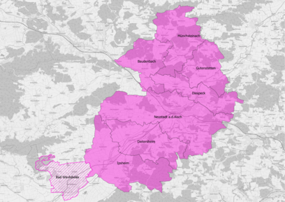 Darstellung des Bedienungsgebietes Karte, in der das Bedienungsgebiet Neustadt a.d.Aisch eingezeichnet ist