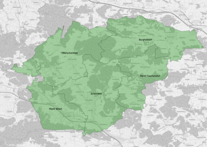 Darstellung des Bedienungsgebietes Karte, in der das Bedienungsgebiet Scheinfeld eingezeichnet ist