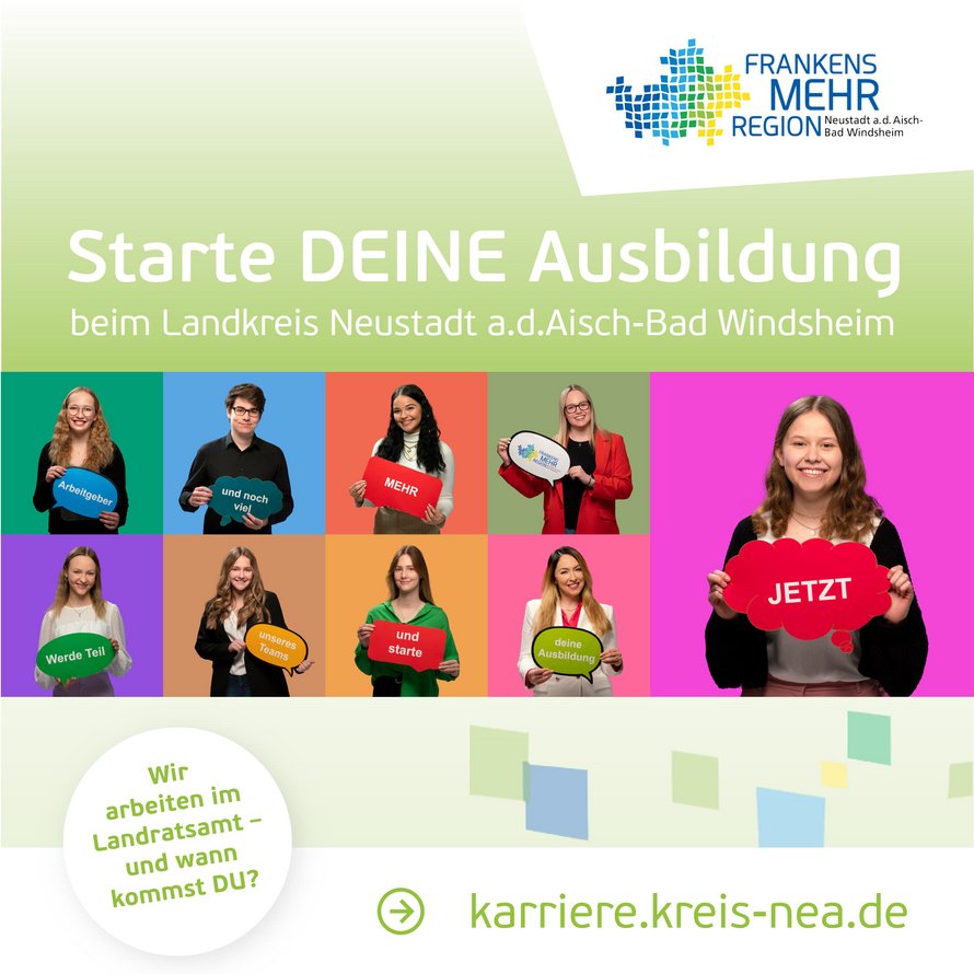 Die Auszubildenden halten Schilder, die den Satz "Arbeitgeber und noch viel mehr" ergeben 