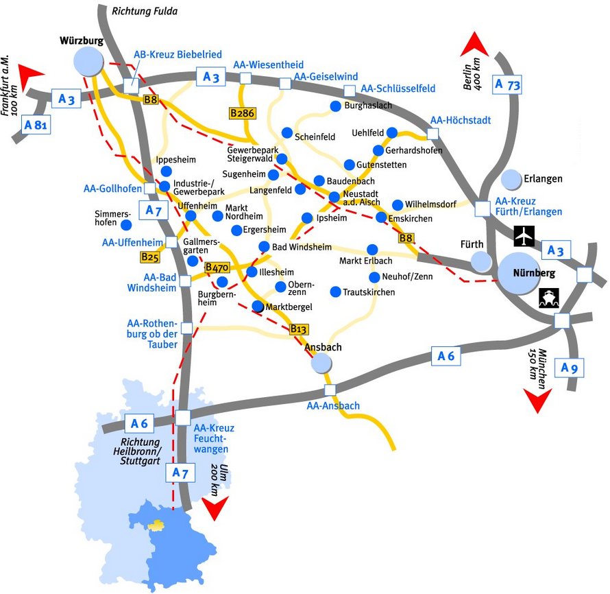 karte_landkreis_nea_infrastruktur Karte Standort Frankens Mehrregion - Straßen, Gemeinden, Lage in Deutschland, Anbindung an die Ballungszentren.